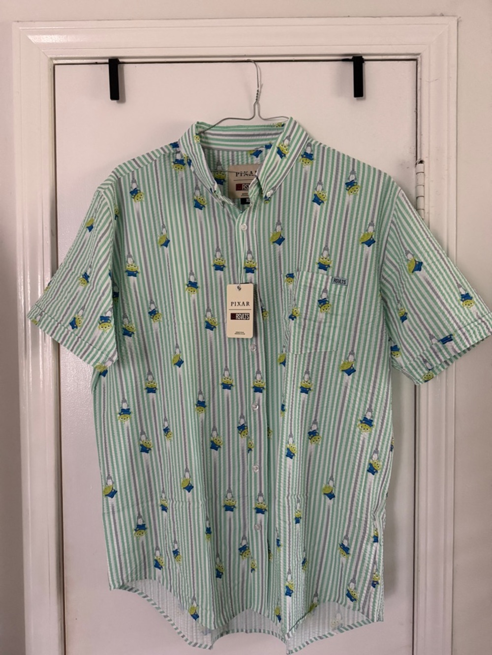 RSVLTS Green & White Striped Short-Sleeve Button-Down Toy Story The Claaaw